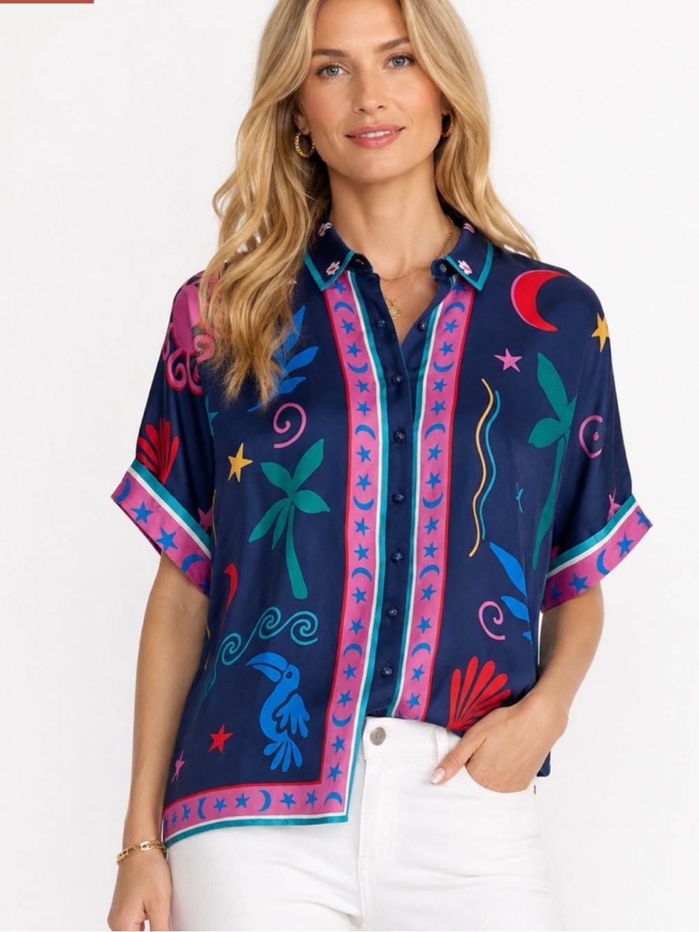 Johnny Was Silk Blend Navy Tropical Print Button-Front Shirt with Pink Trim